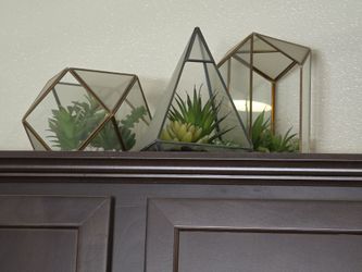 Set of 3 Geometric Glass Terrariums with Faux Succulents