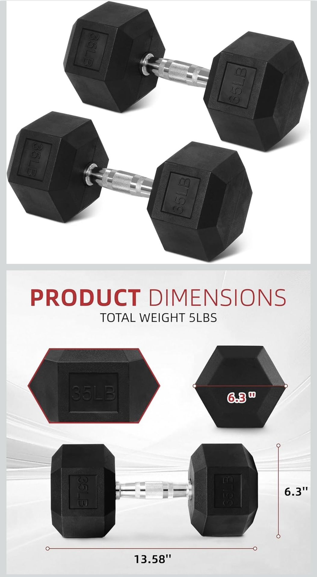 Rubber Encased Hex Weights Dumbbells Set of 35 lb Pair | Cast Iron Hand Weights with Anti-Slip Grip for Home Gym Strength Training