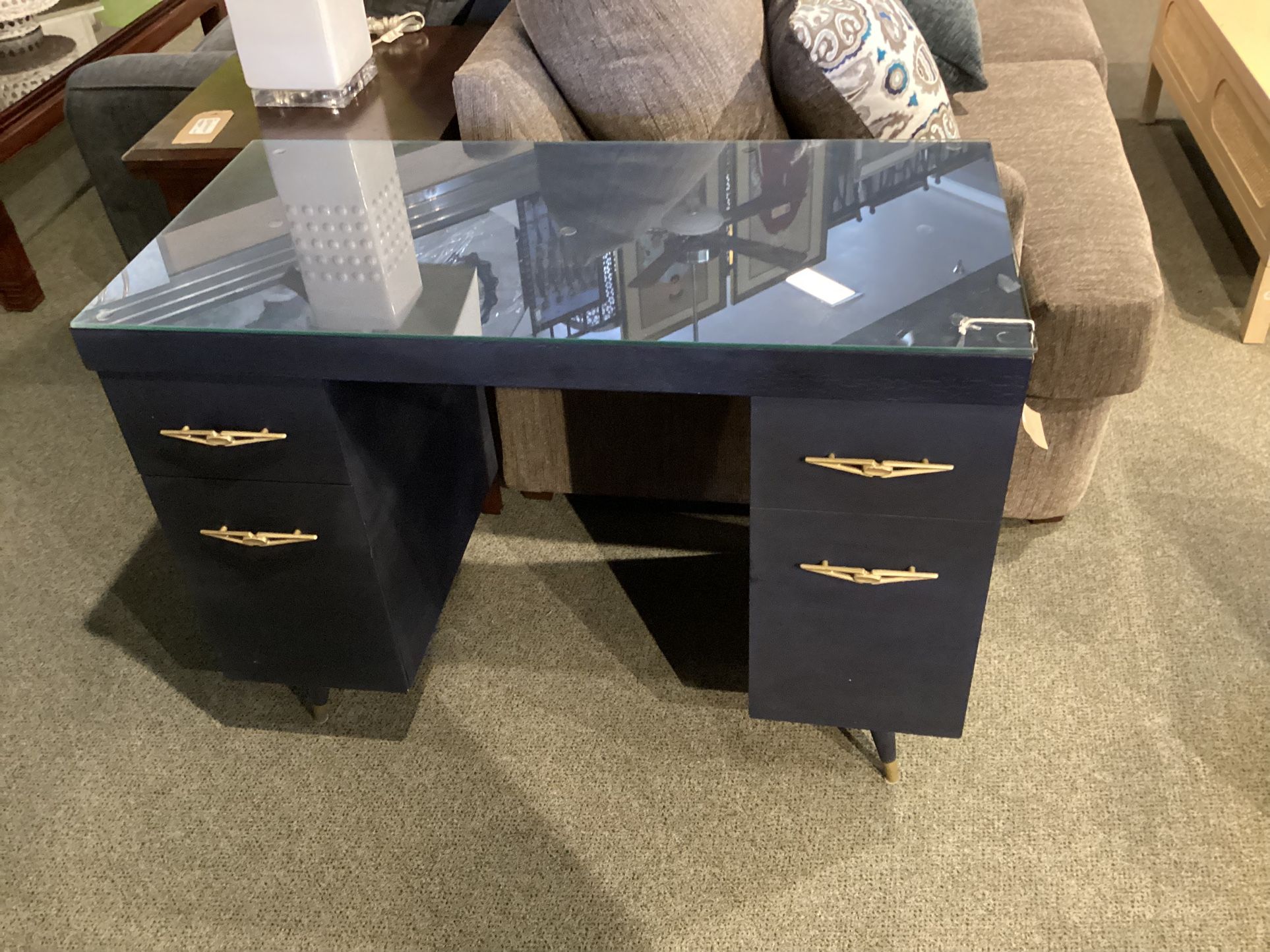Royal Blue Vintage Desk W/ Gold Hardware & Glass Top & 2 Drawers SKU  C2FCW8