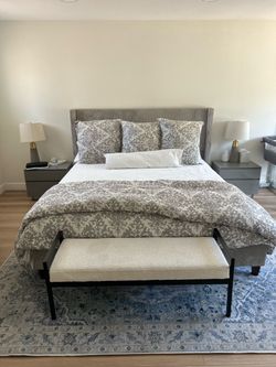 Cal King upholstered gray  Bed  frame (moving sale)