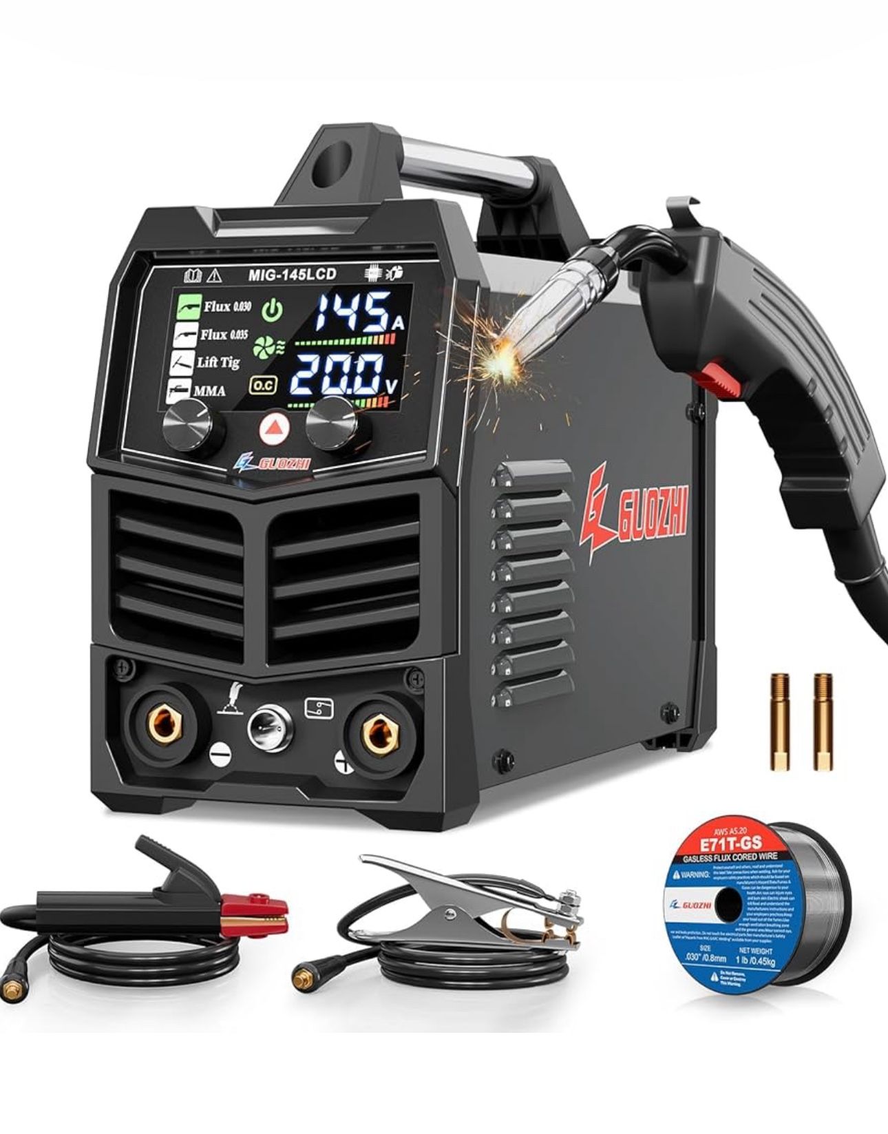 145A MIG Welder, 3 in 1 Welder FLUX MIG/Lift TIG/ARC Multi-Process Mig Welder, 110V Welding Machine, Flux Core Welder Welder Machine 110v with LCD Lar