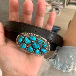 Turquoise and Sterling silver belt buckle, w/ custom made belt