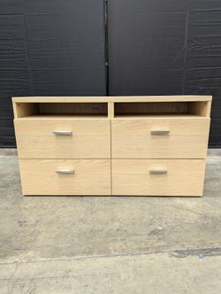Modern Blonde Wood Four-Drawer Dresser with Open Media Storage