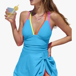 Popvil One Piece Swim Dress (Blue with Neon Trim & Tie Skirt)