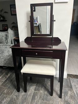 Dark Wood Vanity Table with Mirror and Stool