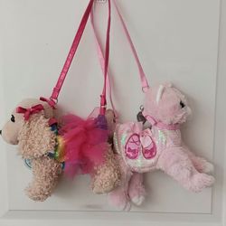 Little girls' plush animal-shaped handbags featuring a pink puppy and Kittie