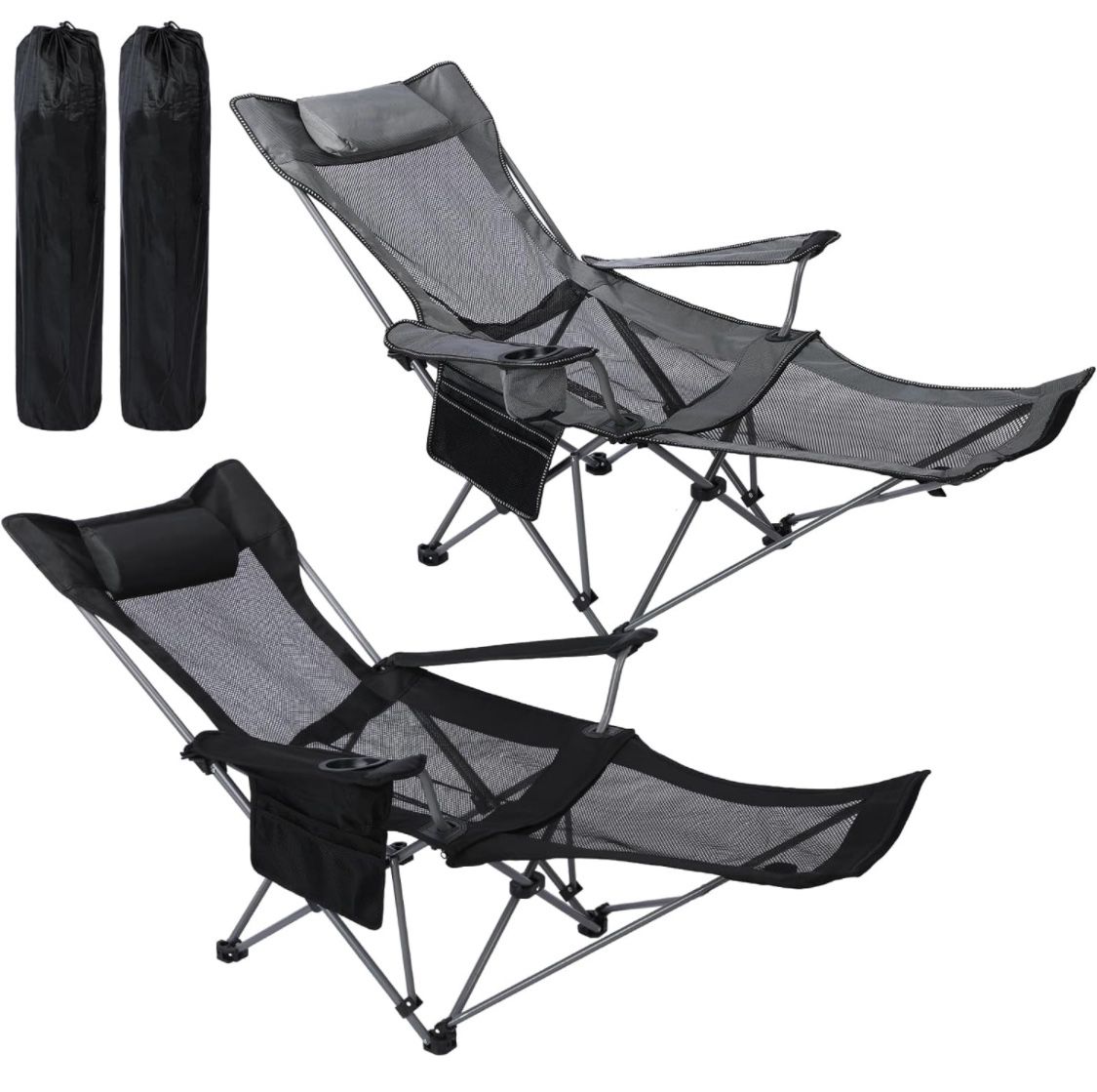 2 Pack Reclining Camping Chairs with Footrest Portable Lightweight Mesh Folding Outdoor Camping Lounge Chair with Storage Bag Cup Holder And Headrest