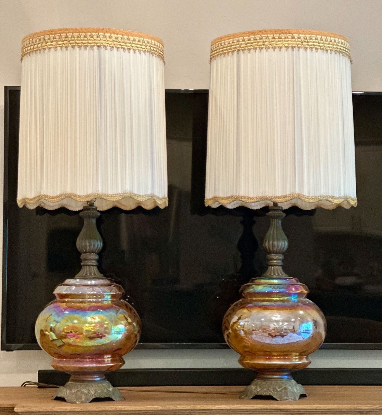 Vintage MCM Amber & Brass Lamps ( Pair)