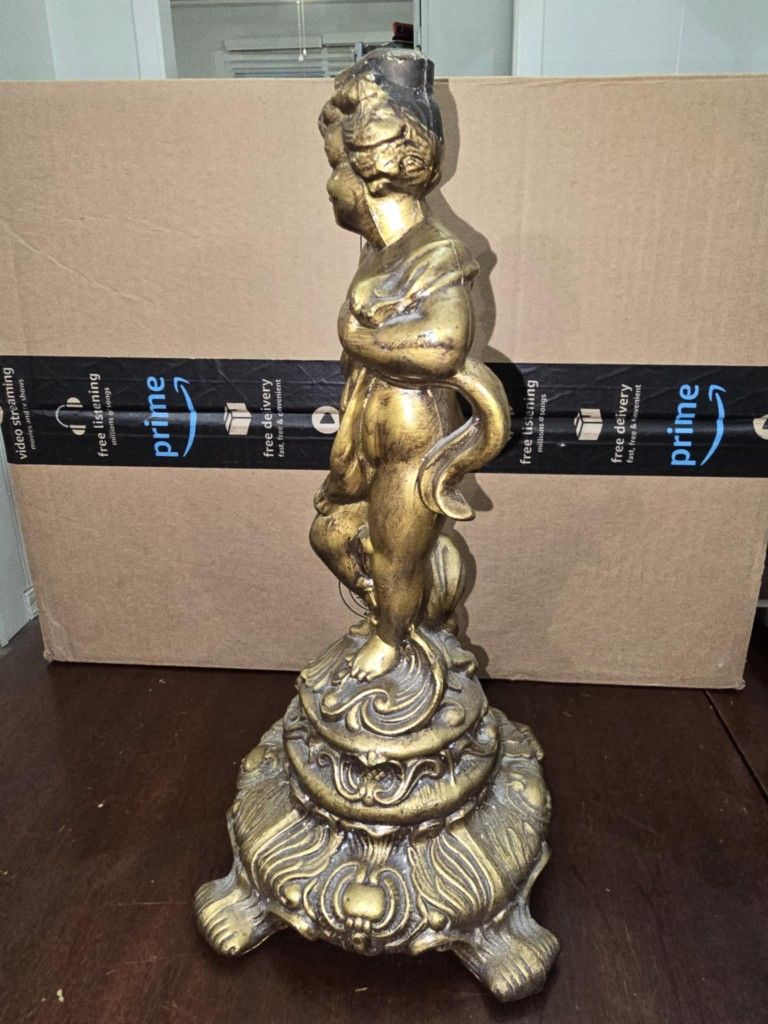 Vintage Art Noveau style Metal Cherub Figure - Brass Like Finish - Cast Pot Metal / Spelter