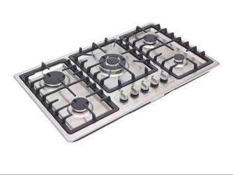 Stainless steel drop-in gas cooktop with 5 burners, cast iron grates, and front-facing control knobs. Clean surface with no visible damage or wear.