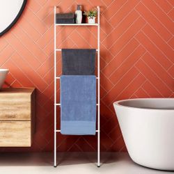 OYEAL Blanket Ladder Farmhouse Towel Rack Holder For Bathroom, Wall Leaning Decorative Quilt Rack With Shelf, Rustic Blanket Storage For Living Room B