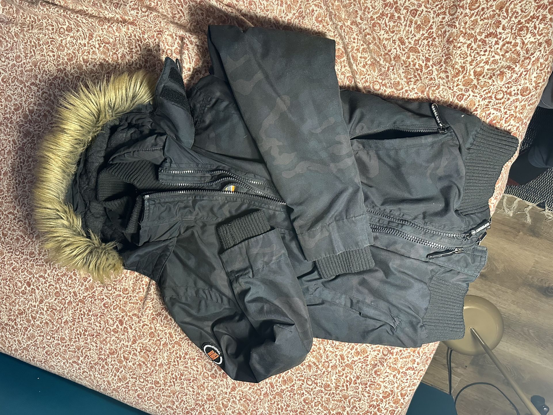 Superdry Men’s Microfibre Faux Fur Hooded Windbomber Black Jacket Size L