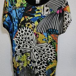 Alberto Makali Poly Combo Butterfly print Multicolor Bodycon dress M  Tunic

Size Medium 

Dress or Tunic with colorful designs and black rhinestones 
