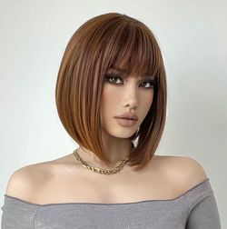 Brown Bob w/ Bangs 12 Inch Wig Women's Short Straight Cosplay Party NWOT