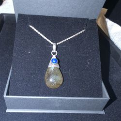 Rare Vintage Teardrop Labradorite With Solidate Stone Pendant With Necklace 