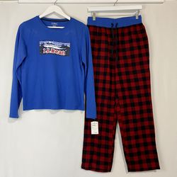 L.L. Bean Women’s Camp PJ Logo Pajama Set Bright Blue & Red Plaid NWT