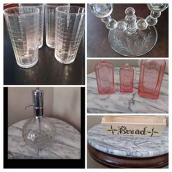 $4 Each, 4 VTG Glasses, VTG Candle Holder, Pink Bottles, Bread Tray, Apothecary Jar, Liquor Pump 