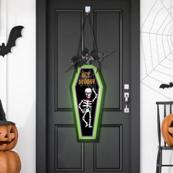 Halloween Led Coffin Door Sign lights, Halloween Wreaths for Front Door, Light Up Skeleton Scary Pumpkin Lamp, Seasonal Hanging Plaque for Porch Wall 