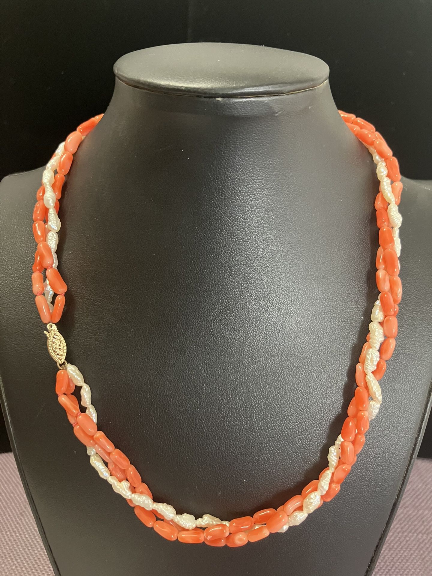 Very Nice 14k Natural Coral And Pearl Necklace