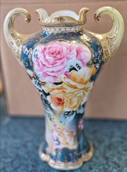 Rare Antique Nippon Hand-Painted Double Handled Floral Vase