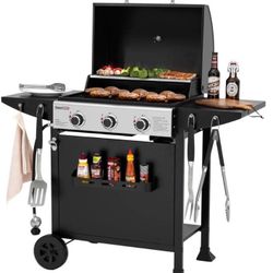 3-Burner BBQ Liquid Propane Gas Grill with Front Spice Rack, 2 Side Shelves and Hooks, Cart Style, Black, for Outdoor