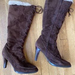 Zara Women Suede Fur Boots Knee High Brown Size 38 Bohemian Lace Up Zip