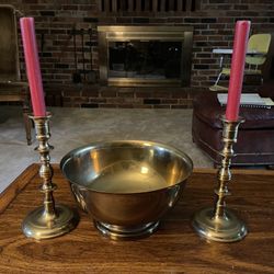 Brass bowl & Candle Sticks (antique)