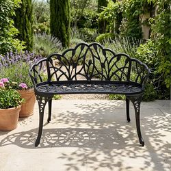 Outdoor Garden Bench, Cast Aluminum Patio Loveseat with Leveling Feet, Heavy-Duty All-Weather