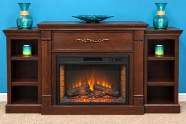 Electric Fireplace Heater Console w/ Side Shelves – Dark Wood
