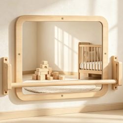 Brand New Montessori Baby Mirror with Wooden Frame & Adjustable Pull-Up Bar – Wall Mounted