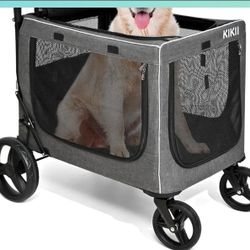 KIKII Extra Large Dog Stroller for Large & Medium Dogs, Adjustable Handlebar and Brakes, 4 Wheels, Reflective, Lightweight Folding, Breathable Mesh, 1