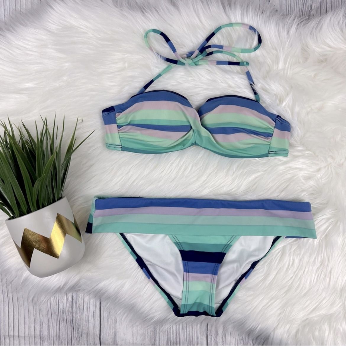 Victoria's Secret Pastel Striped Bikini 32B, S/P Bandeau Bikini Top with Straps