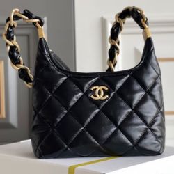 CHANEL 24A diamond check gold buckle leather chain sheepskin cross-body handbag women's black(645)46