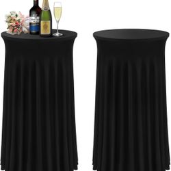 BDDC Cocktail Table Covers - 2 Pack 24"X 43" Black Cocktail Table Tablecloth With Natural Wavy Round Skirt For Bar Wedding Party Banquet