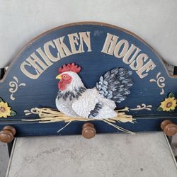 Wooden Chicken House decor wall hanging with knobs to hang things 20" across 10.5 top to bottom.