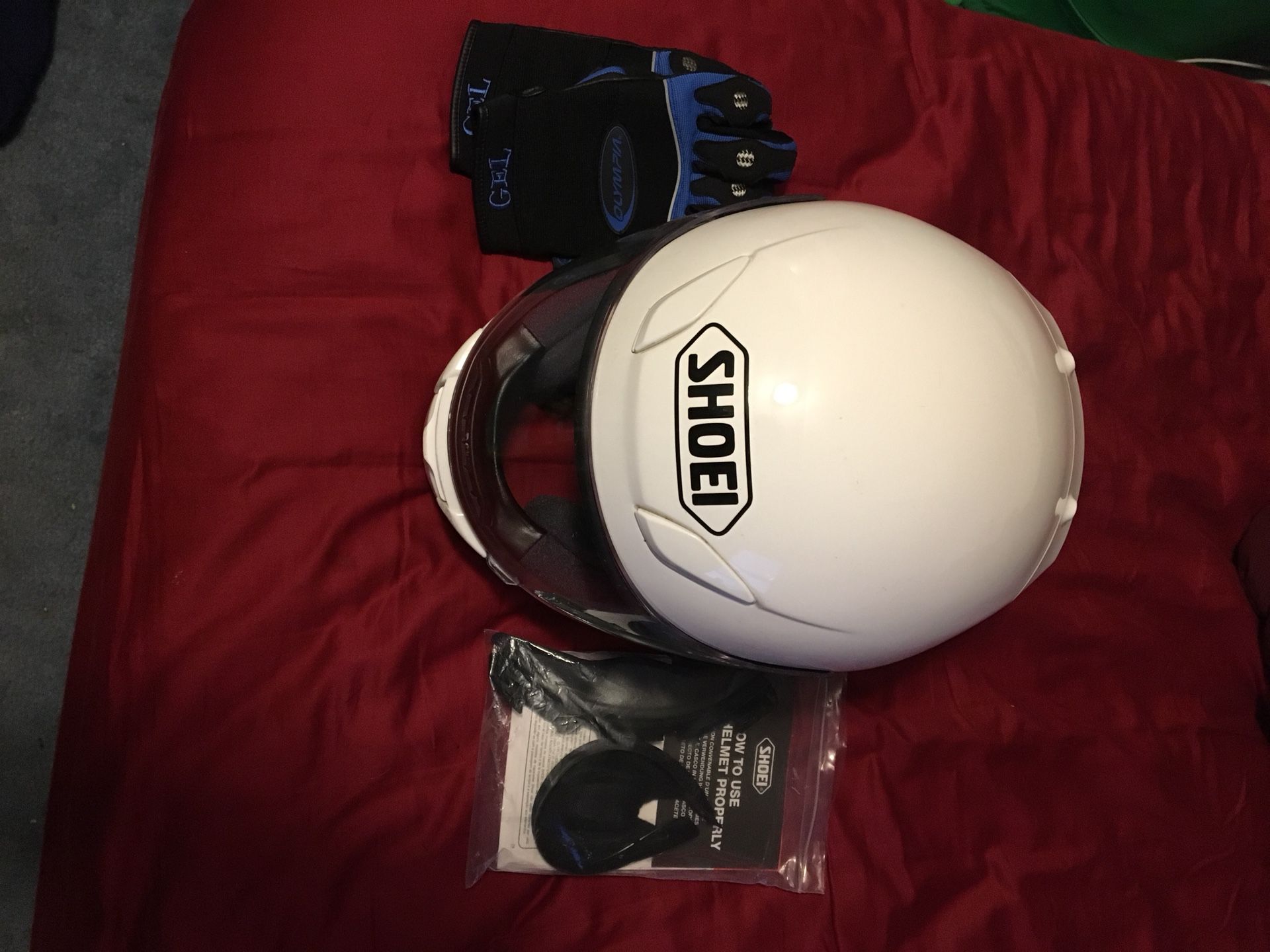 Shoei motorcycle helmet and gloves (small)