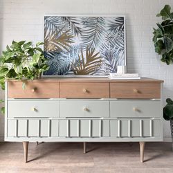 Vintage Mid Century Modern Dresser 9 Drawer Sage Green 