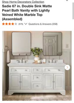 Sadie 67 in. Double Sink Matte Pearl Bath Vanity with Lightly Veined White Marble Top