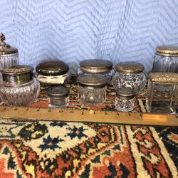 11 Vintage French Dresser Jars With Silver Tops