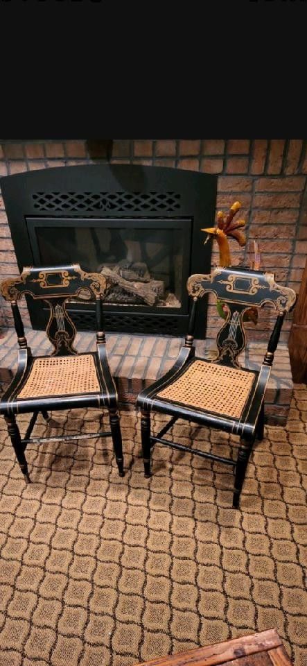 Pair Georgian Baltimore 1840's Ebony Chairs With Gold Gilt.
