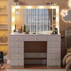 Vanity with Large Mirror and 10 LED Lights, Vanity Desk with Glasstop, 11 Drawers with Crystal Handles, Dressing Table with Power Outlet as Gift for W