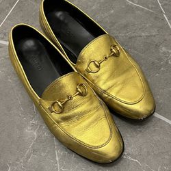 Gucci Gold Leather Horsebit Jordaan Loafers