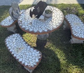 Vintage Handcrafted Mosaic Outdoor Table & Benches Set – Floral Tile Inlay