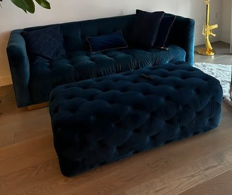 Blue Velvet Sofa & Ottoman