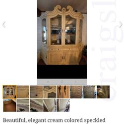 Large Cream Vintage Elegant Scroll Wood China Cabinet  & Drawer Chest Combo Set!