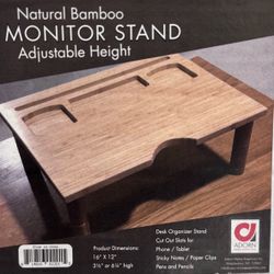Adorn Natural Bamboo Monitor Stand Adjustable Height 16"X12" Desk Organizer