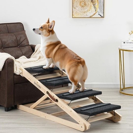 Dog Steps for Bed & Couch - 2-in-1 Dog Stairs/Ramp for Small to Large Breeds - 45.3" Long Adjustable 14"-26" Up to 200LBS - Folding Portable Wooden