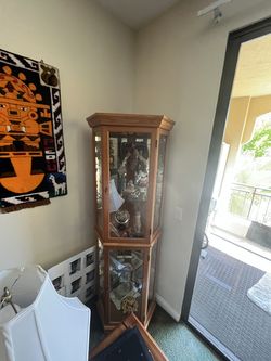 Oak Corner Curio Cabinet with Glass Doors