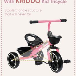 KRIDDO ssTricycle for 2-5 Year Olds - Pink Toddler Trike With Gift for 24 Month to 4 Year Old Girls