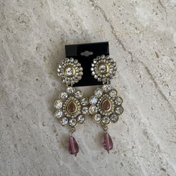 Pink & Gold Kundan Pear Shaped Drop Earrings